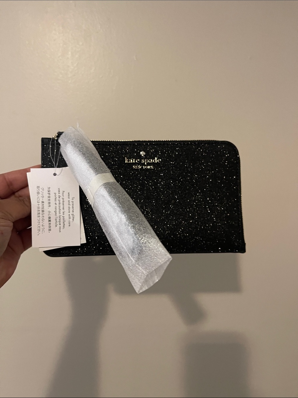 kate spade black glitter zip card holder